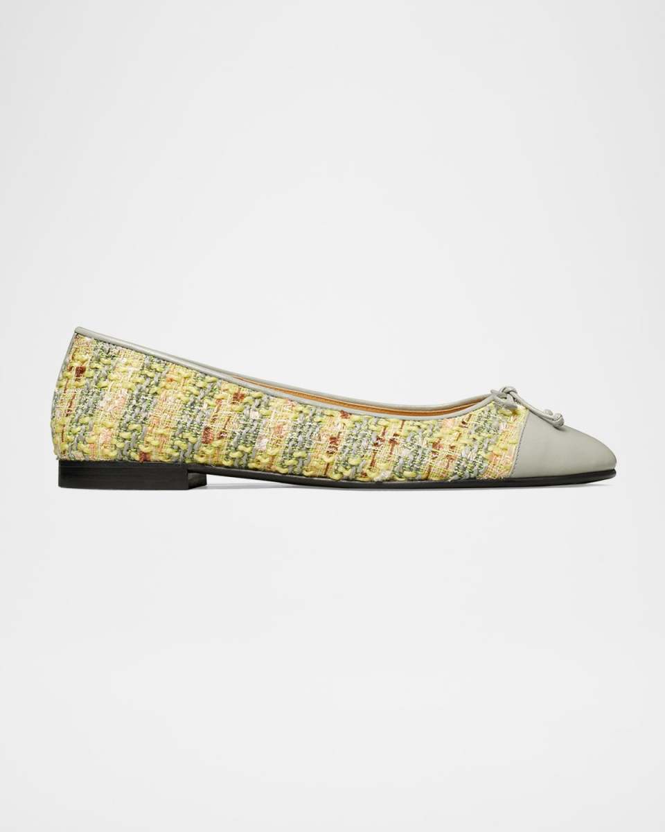 Tweed Cap-Toe Bow Ballerina Flats
